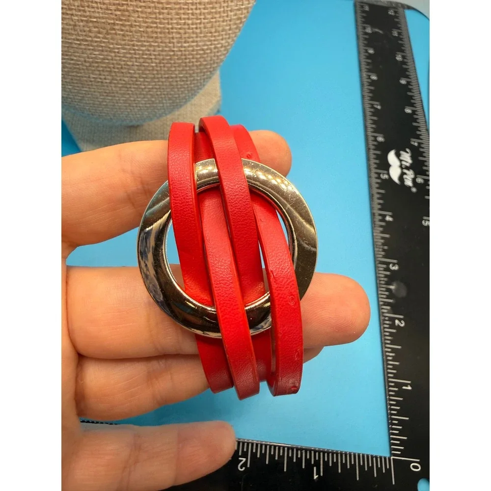 Red Multi Strand Leather Wrap Bracelet Silver Tone Circle Ring Magnetic Clasp